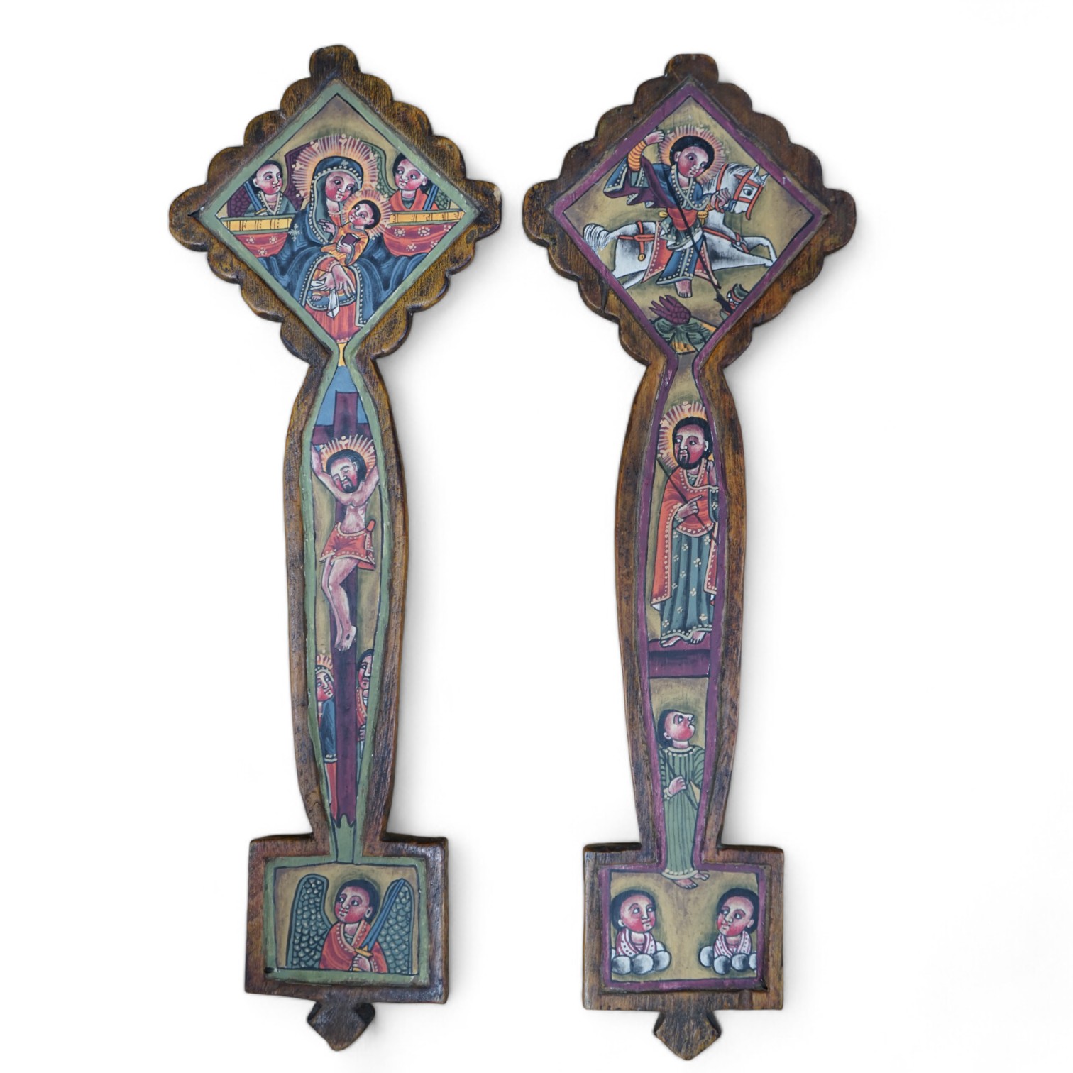 A pair of Coptic Church diptych crosses, Ethiopia, 34cm high. Condition - fair to good